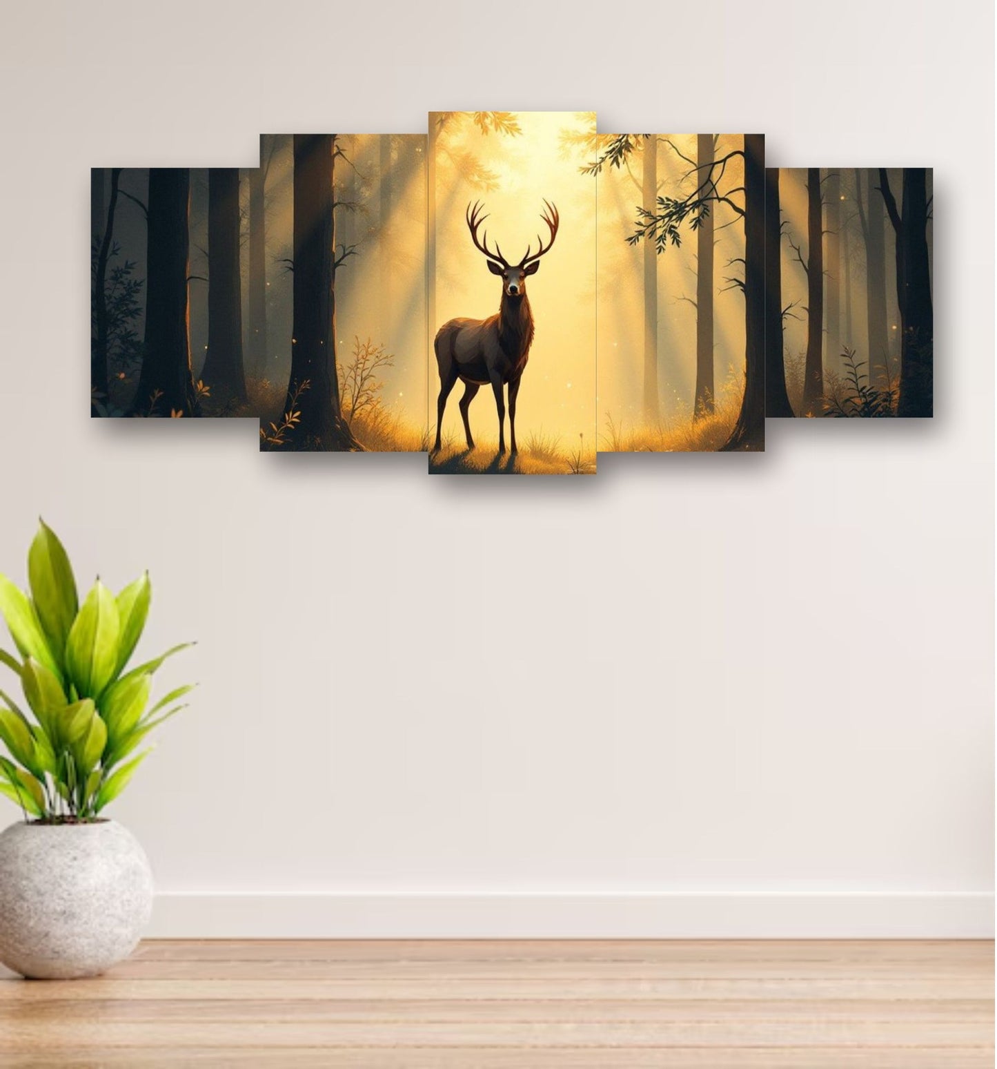 Majestic Deer in Golden Forest – 5-Piece Wooden Wall Frame (16x40")