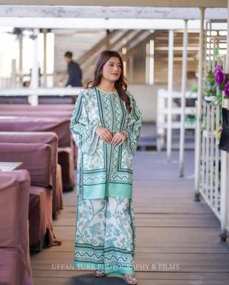 2 Pcs Women's Stitched Swiss Lawn Printed Shirt And Trouser