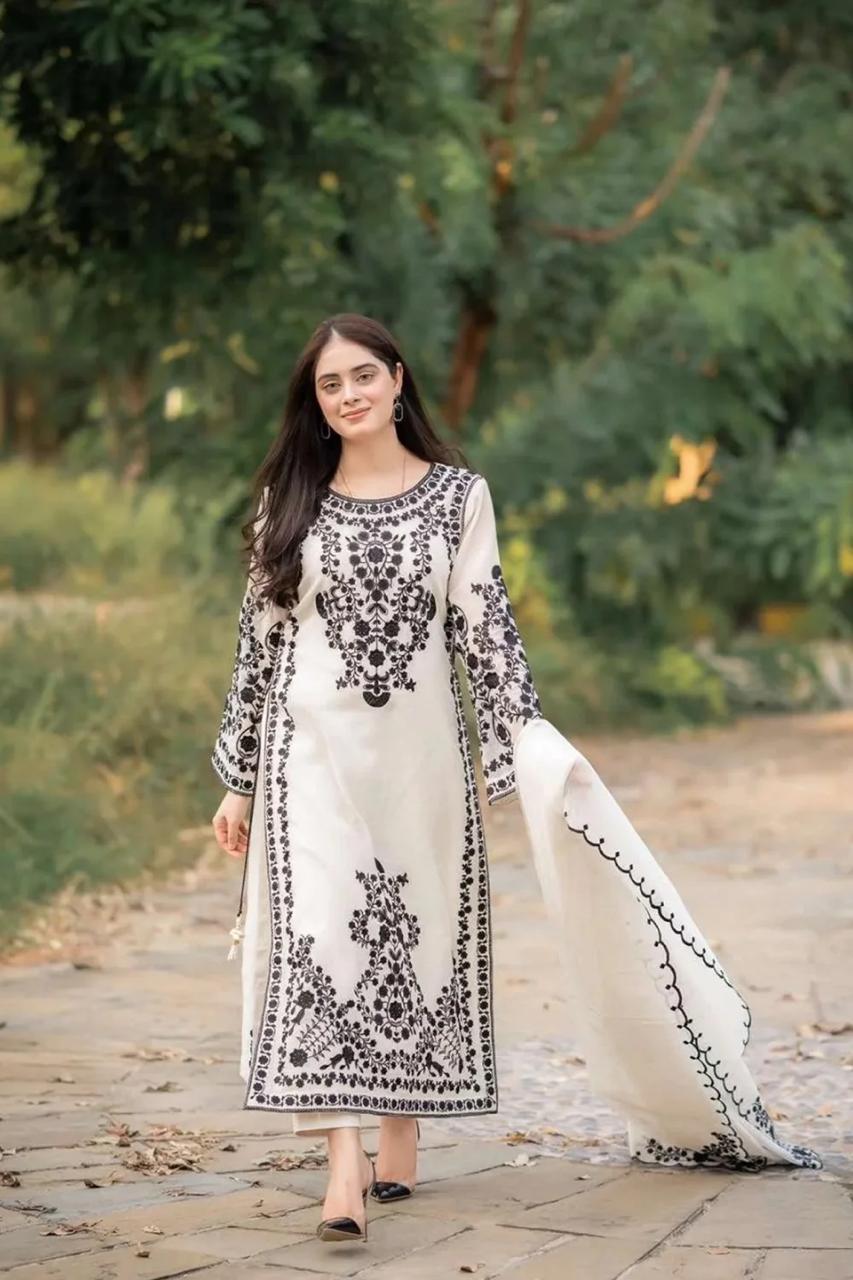 3 Pcs Women's Stitched Organza Embroidered Suit