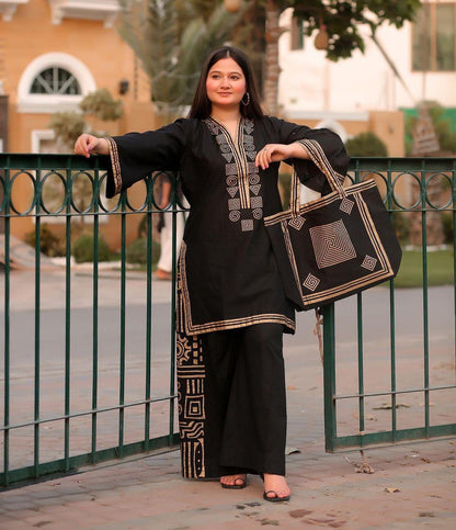Elegant Embroidered Linen Shirt and Trouser Set for Women
