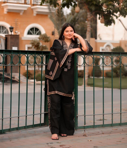 Elegant Embroidered Linen Shirt and Trouser Set for Women