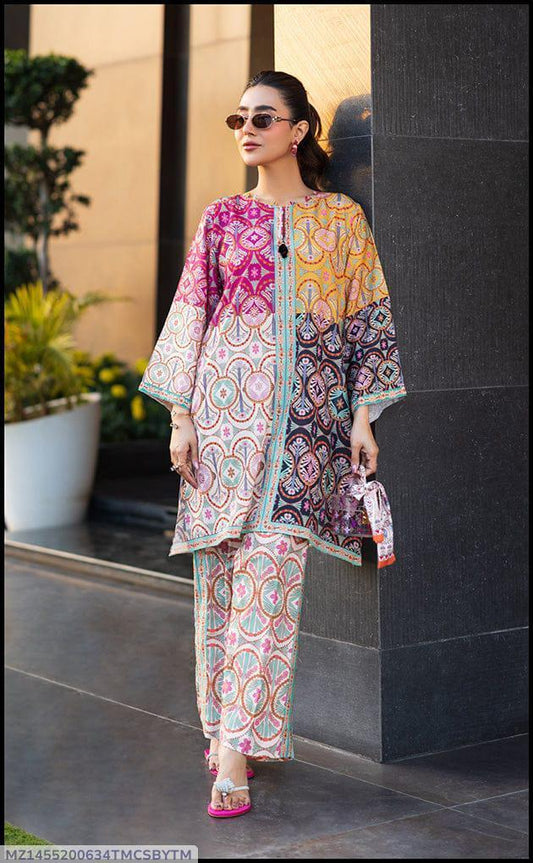 2 Pcs Women's Stitched Swiss Lawn Printed Co-Ord Set