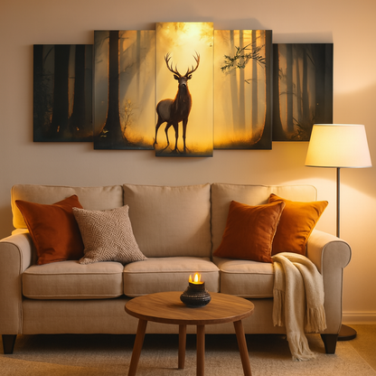 Majestic Deer in Golden Forest – 5-Piece Wooden Wall Frame (16x40")