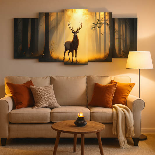 Majestic Deer in Golden Forest – 5-Piece Wooden Wall Frame (16x40")